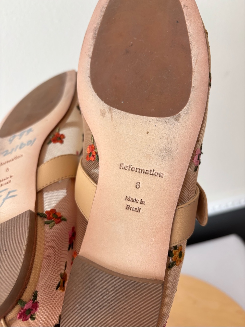 Reformation Bethany Tan Floral Mesh Mary Jane Flats Size 8 - Picture 8 of 9